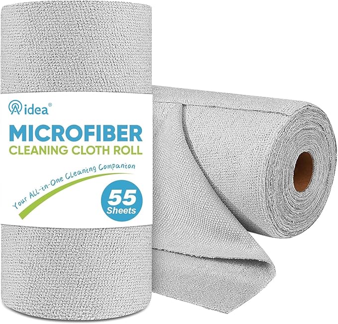 AIDEA Microfiber Cleaning Cloth Roll, Shop Towels 55 Sheets, Grey Microfiber Towels for Cars, Washable Shop Rags Reusable Paper Towel for Automotive, Workshop, House, Kitchen, Cleaning Supplies11Ã9"