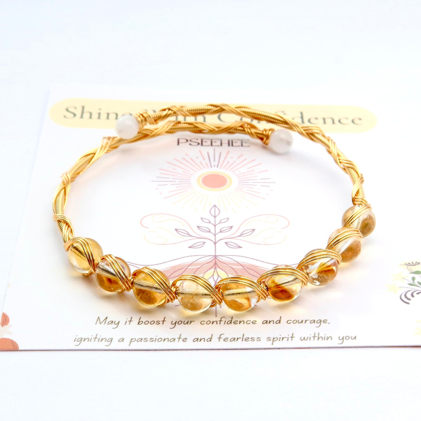 Handmade Genuine Citrine Crystal 14k Gold Filled Wire Wrapped Bracelet, Birthstone Chakra Healing Gemstone Crystal Beads Adjustable Bangle Cuff Jewelry Gift for Women