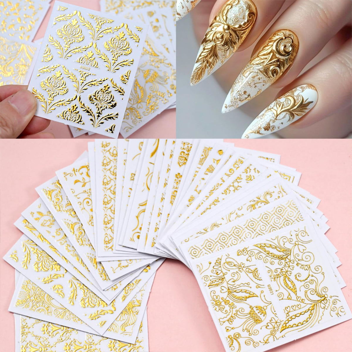 30 Sheet Nail Stickers,Gold Lace Flower Nail Art Stickers,3D Self-Adhesive Nail Decals,with Hollow Retro Floral Vine Design Spring,Gold Lace Floral Acrylic Nails Supplies for Women Manicure Decor