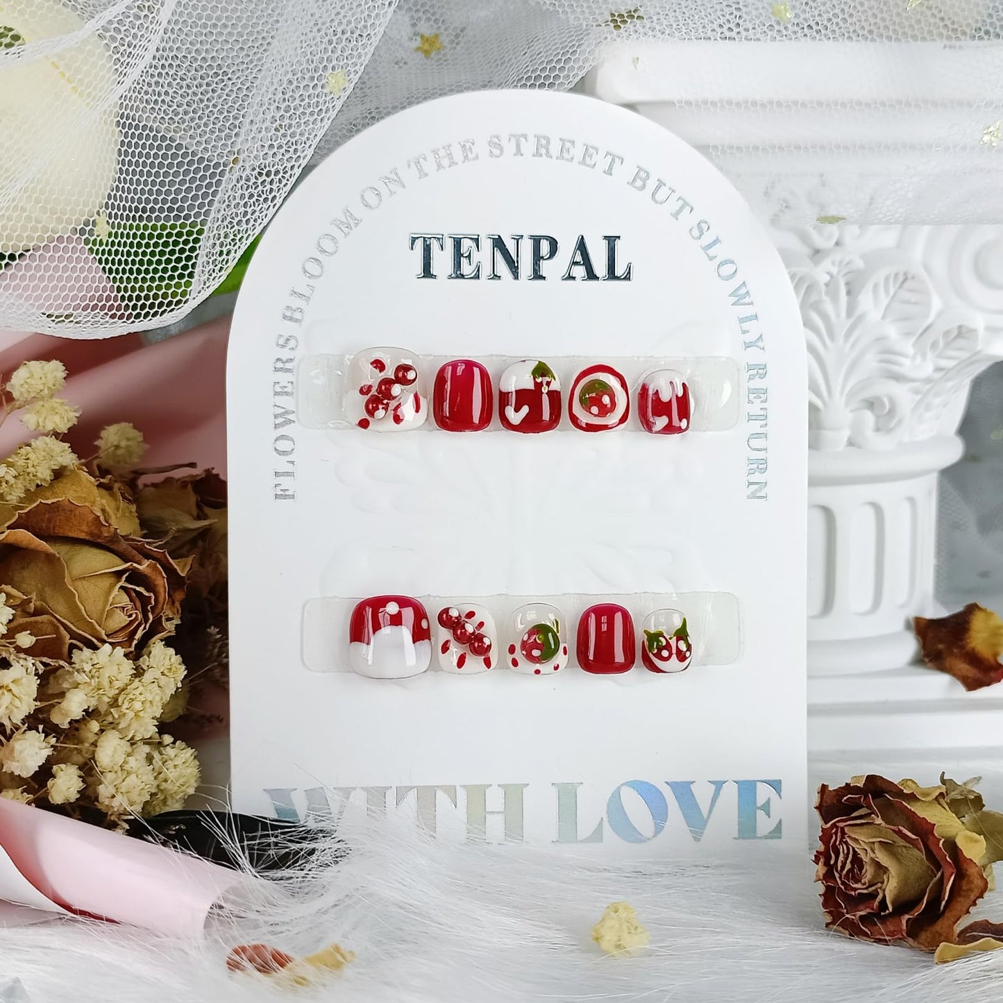 TENPAL Handmade Press on Nails for 3-12 Year Olds Girls,Resuable Gel Fake Nails with Tools for Children,Cute Nails with Lovely Strawberry Designs,Short Nails for Girls Kids Nail Art 10pcs Size(XS)
