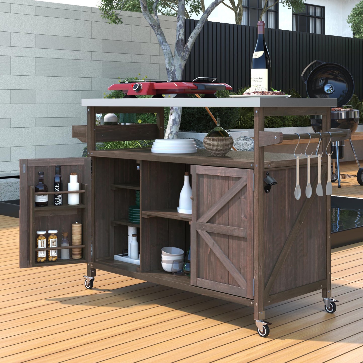 Jintop 50.25" Kitchen Island Rolling Bar Cart & Storage Cabinet, Farmhouse Solid Wood Outdoor Grill Table with Stainless Steel Top and Spice, Towel Rack for BBQ,Dark Brown