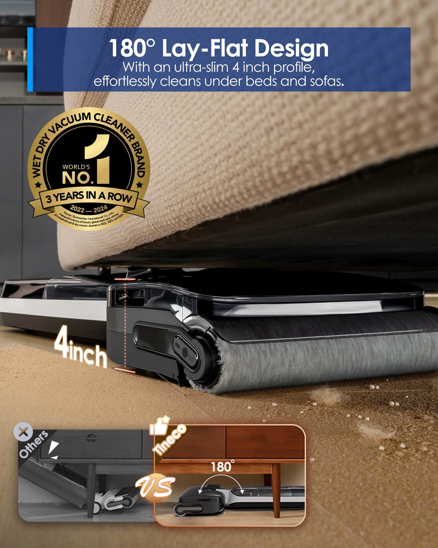Tineco Floor ONE S6 Master Wet Dry Vacuum Cleaner, 20kPa Suction Vacuum Mop with Dual-Edge Cleaning, 45 Min Runtime (Quite Mode), 185°F Flashdry, 4inch Ultra-Slim