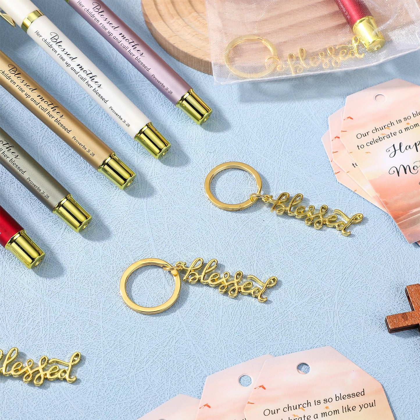Spakon 100 Sets Church Gift Bulk for Mothers Day Blessed Bible Verse Ballpoint Pens Blessed Keychain Christian Cross Happy Mother's Day Tag for Godmother