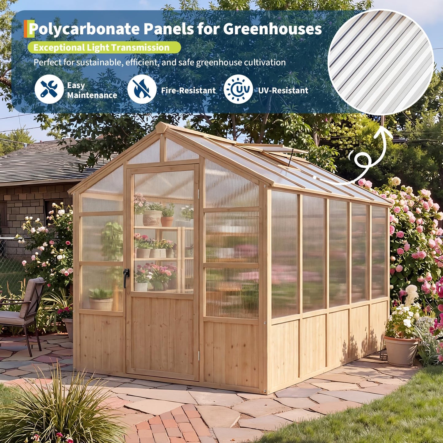 Large Wood Frame Greenhouse for Outdoor - Wooden Walk-in Greenhouse Kit with Polycarbonate Panels, Ventilated Window & Lockable Door for Garden, Backyard, Patio, Lawn, Plant House