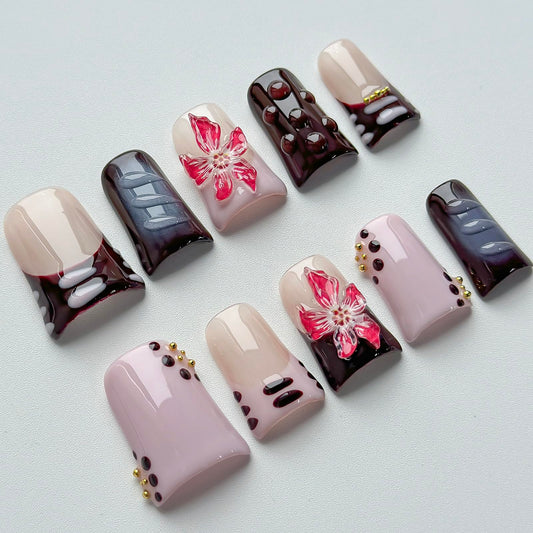 Luxury Press on Nails Short Duck Handmade 3D Unique Reusable ABS Material Fake Nails French Tip False Nails with Designs Flower Polka Dots Purple Glossy Glue on Nail Thick Acrylic Nail(S)