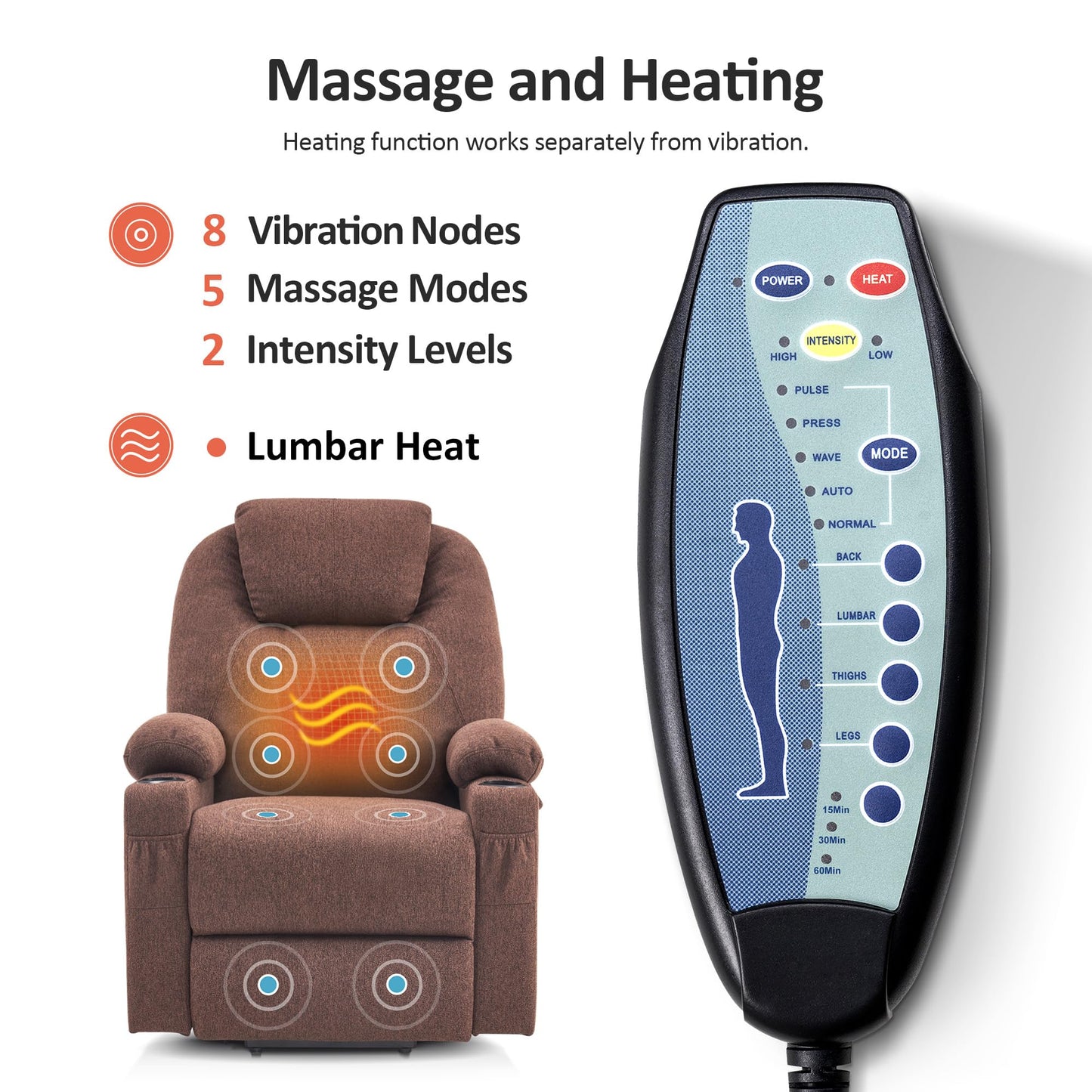 MCombo Power Lift Recliner Chair for Elderly, Lift Chair with Heat and Massage, FSC Certified, USB&Type C Ports, Cup Holders, Fabric 7040 (Medium,Coffee)