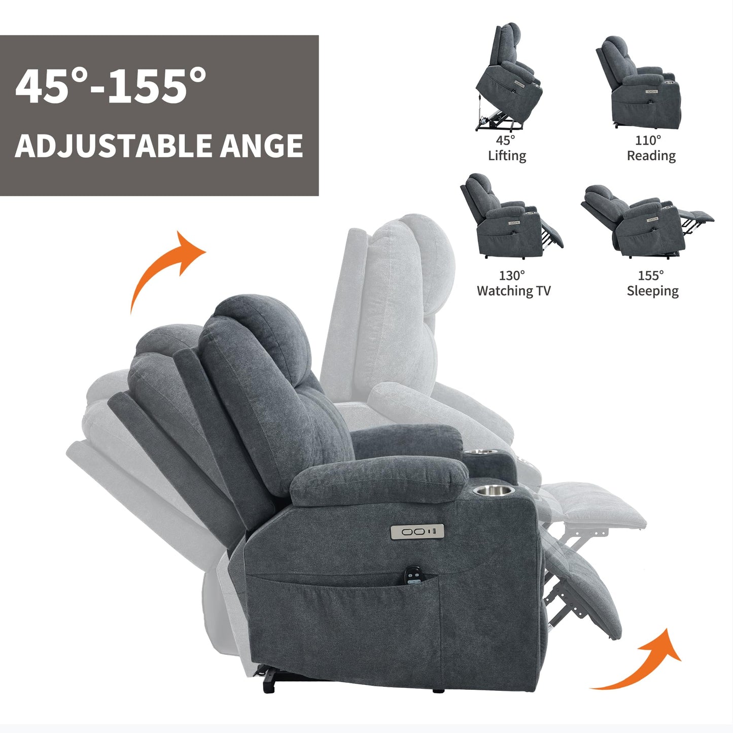KEIKI Power Lift Recliner Chair with Massage and Heat, 8-Point Vibration, Lumbar Heating, USB/Type-C Ports, Cup Holders, Heavy Duty for Elderly and Adults, Polyester Fabric
