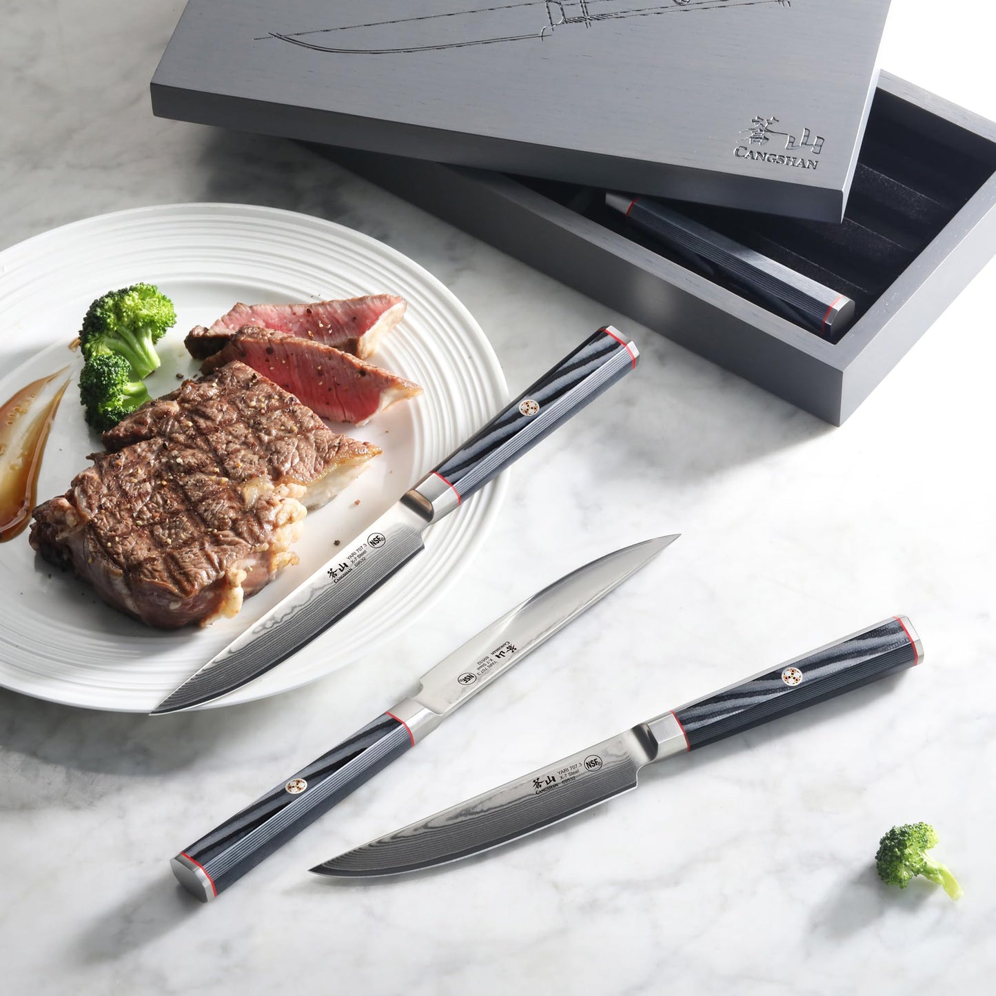 Cangshan YARI Series 4-Piece Fine Edge Steak Knife Set with Ash Wood Box, X-7 Damascus Steel