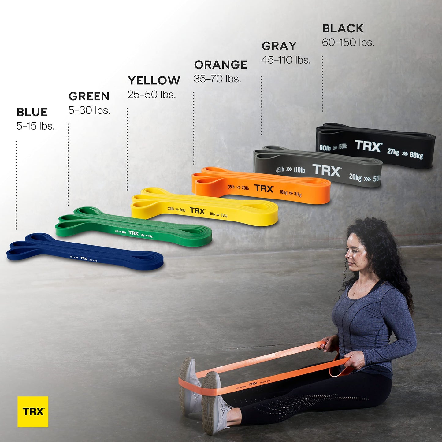TRX Training Strength Band Set for Working Out, Full-Body Resistance Bands for Home and Gym Use, 79.5-Inch Circumference, 5 – 150 Pounds, Pack of 6