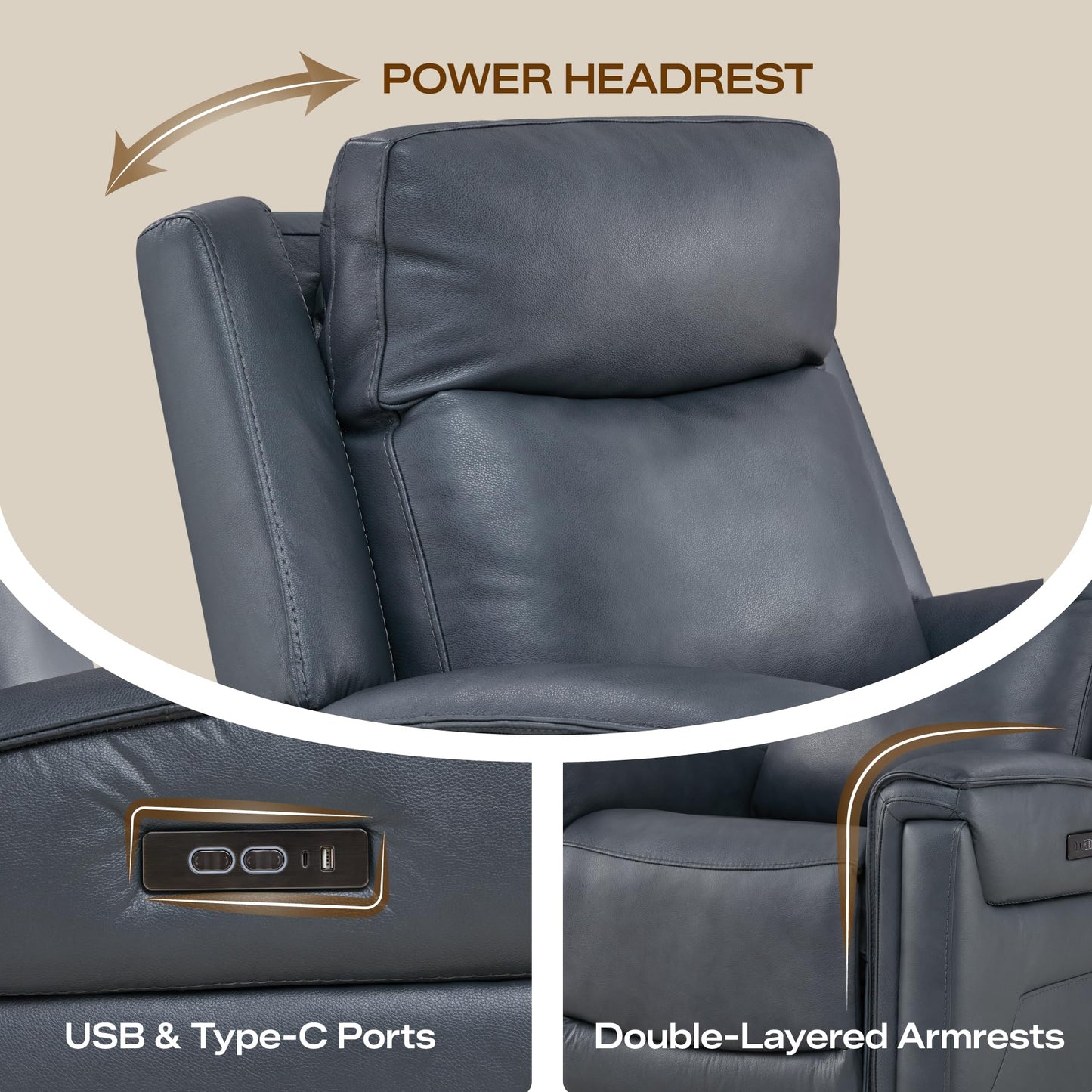 Watson & Whitely Super Zero Gravity Power Recliner Chair with Power Headrest, Genuine Leather Recliner with USB & Type-C Ports, Electric Reclining Sofa Chair for Living Room, Bedroom, Navy Blue