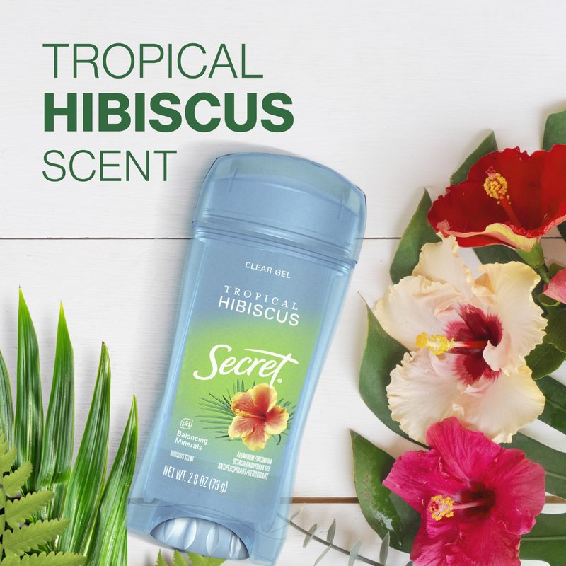 Secret Fresh Antiperspirant Deodorant for Women, 72hr Breathable Sweat & Odor Protection, Instant Freshness & Gentle, PH Balancing Minerals, Clear Gel, Tropical Hibiscus Scent, 2.6 oz