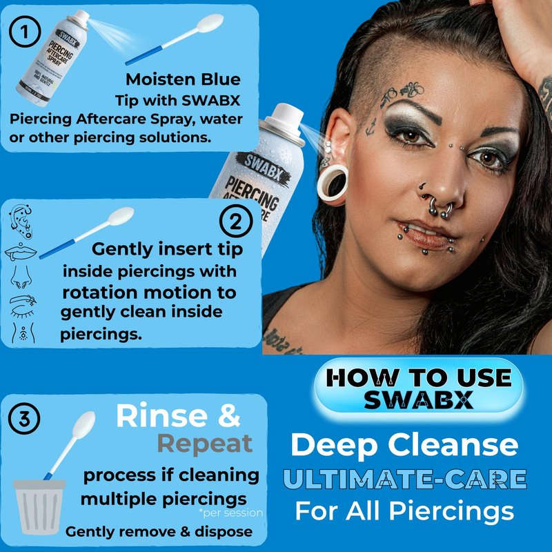 Insertable Piercing Cleaners Sturdy Tips Push Out Gunk, Odors; Cleans in Seconds Multiple Piercings. Soothe Irritation One Swipe Right Through Easy Use for Maintaining Piercings By SWABX - 2 Count