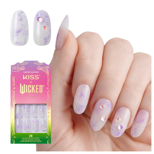 KISS X WICKED: FOR GOOD Press On Nails, ‘Bubble Of Brilliance’, Purple, Medium Oval, Waterproof, Chip Proof, Smudge Proof, 28 Fake Nails, Pink Gel Nail Glue (2g), Mini Nail File, & Manicure Stick
