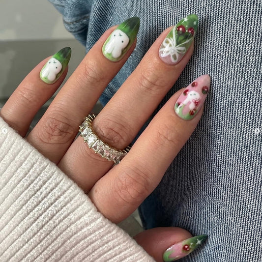 IMSOHOT Medium Almond Press on Nails, Kawaii Bunny & Strawberry Design, 24 Pcs Glossy Fake Nails with Glue for Women Girls
