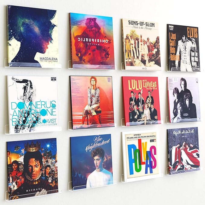 upsimples 12 Pack Vinyl Record Wall Mount Shelves, 12" Vinyl Holder for Album Record Storage & Display, Clear Acrylic Floating Shelves for Wall Decor, Kids Bookshelf, Magazine Rack, Picture Ledge