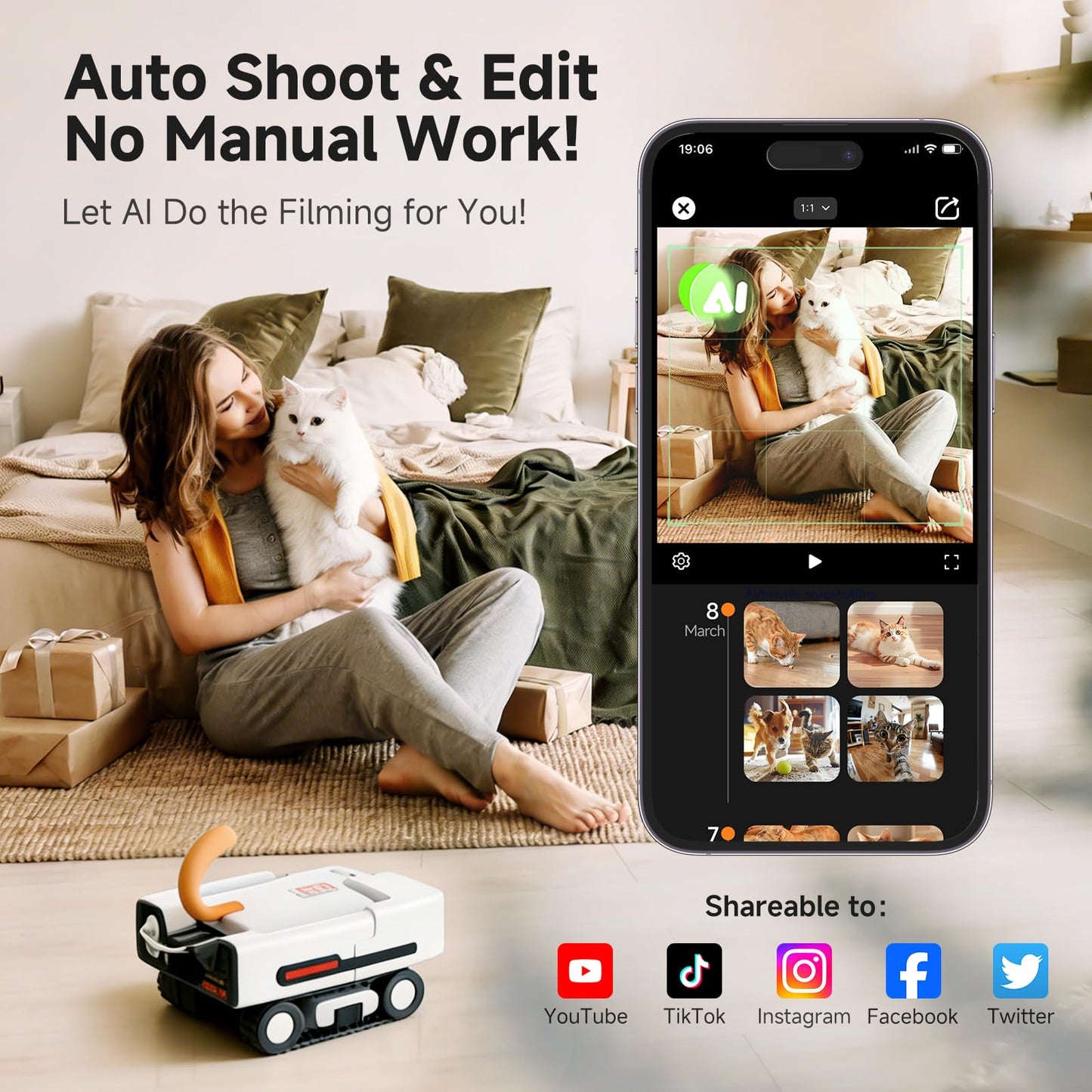 PICKFUN A3 AI Pet Companion Robot with 2K Camera – Smart Robot for Cats & Dogs, Auto Follow, Laser Toy, Night Vision, 2-Way Audio, AI Behavior Reports, Auto Recharge & App Sharing
