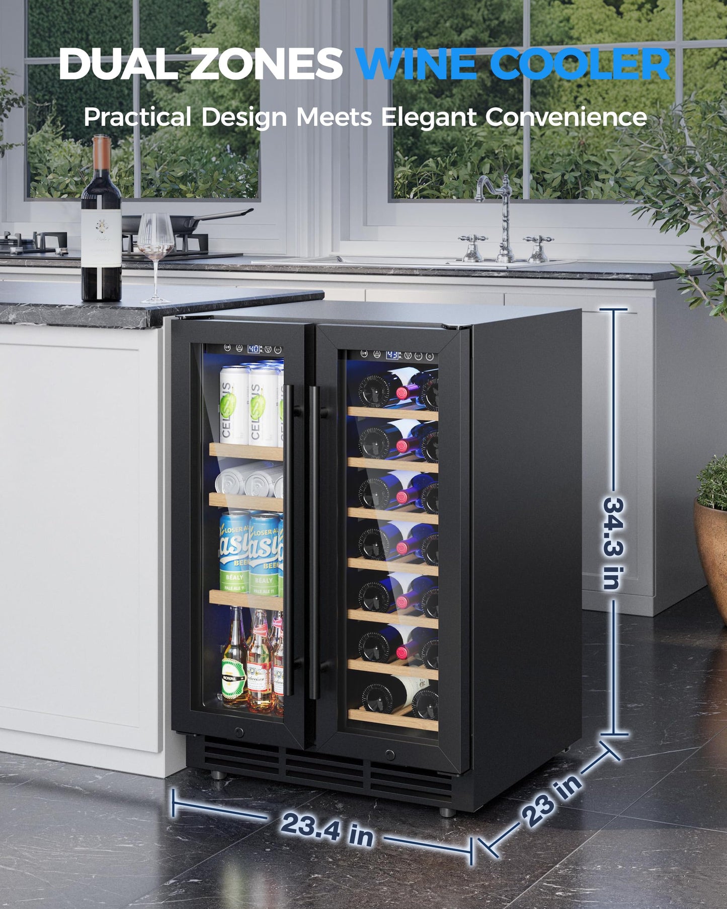 ICEVIVAL Wine and Beverage Refrigerator, 24 Inch Built-In Wine Fridge with Glass Door, Holds 20 Wine Bottles & 60 Cans, Under Counter Refrigerator with Quiet Cooling System & Blue LED Light(Black)