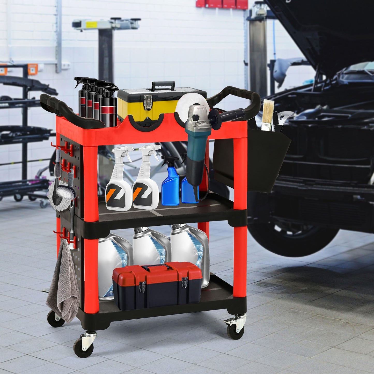 YITAHOME Auto Detailing Cart with Wheels, 3 Tier Rolling Detail Cart with 2 Polisher Brackets, Car Wash Organizer Cart with 2 Hanging Plate & Hooks & Hanging Bucket for Garage, Workshop, Repair Shop