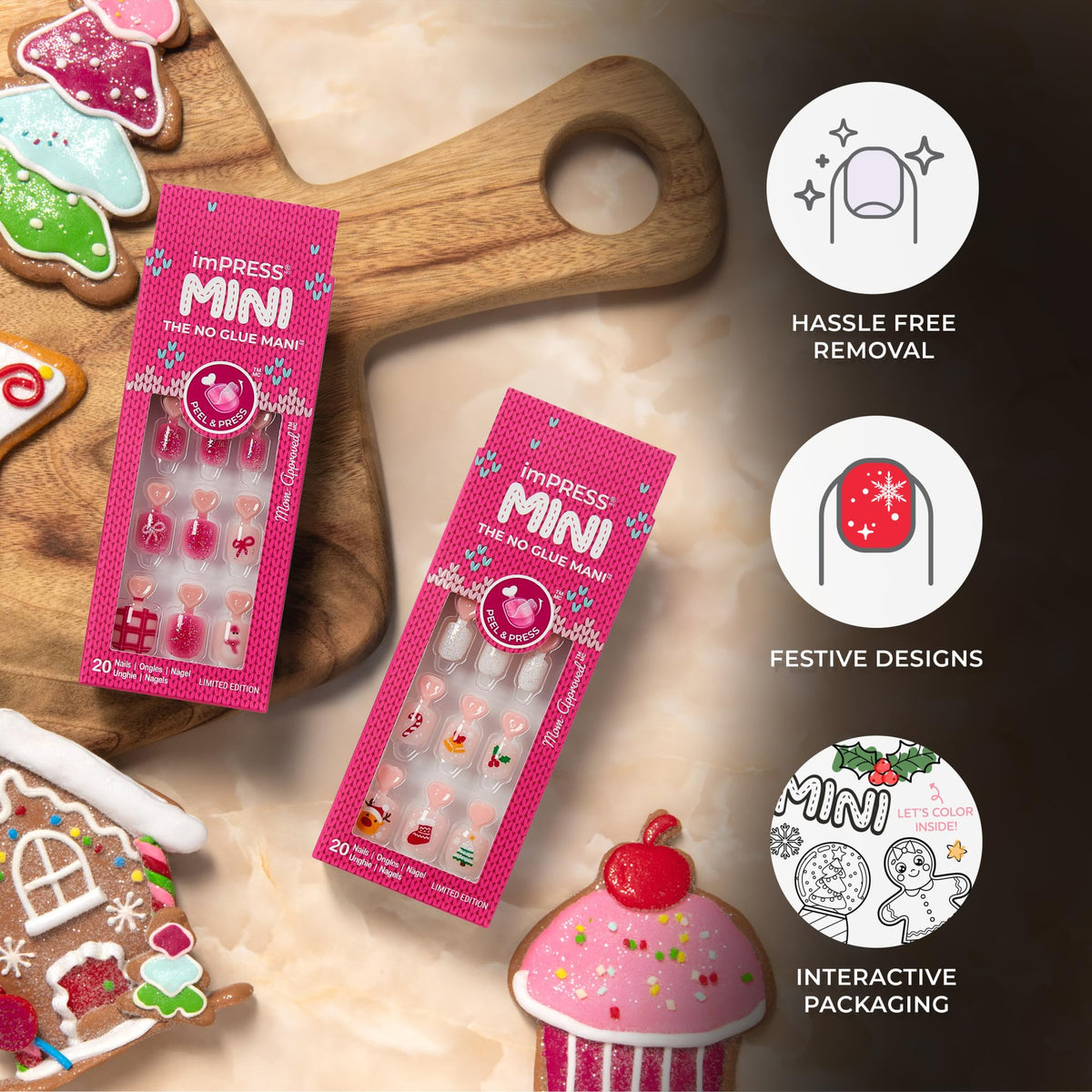KISS imPRESS MINI Holiday Press On Nails for Kids, ‘Hahaha Ugh’, Pink, Child Size, Squoval Shaped, Mess-Free, Mom Approved, Non-Toxic, Breakaway Application Tabs, Nail File, 20 Fake Nails