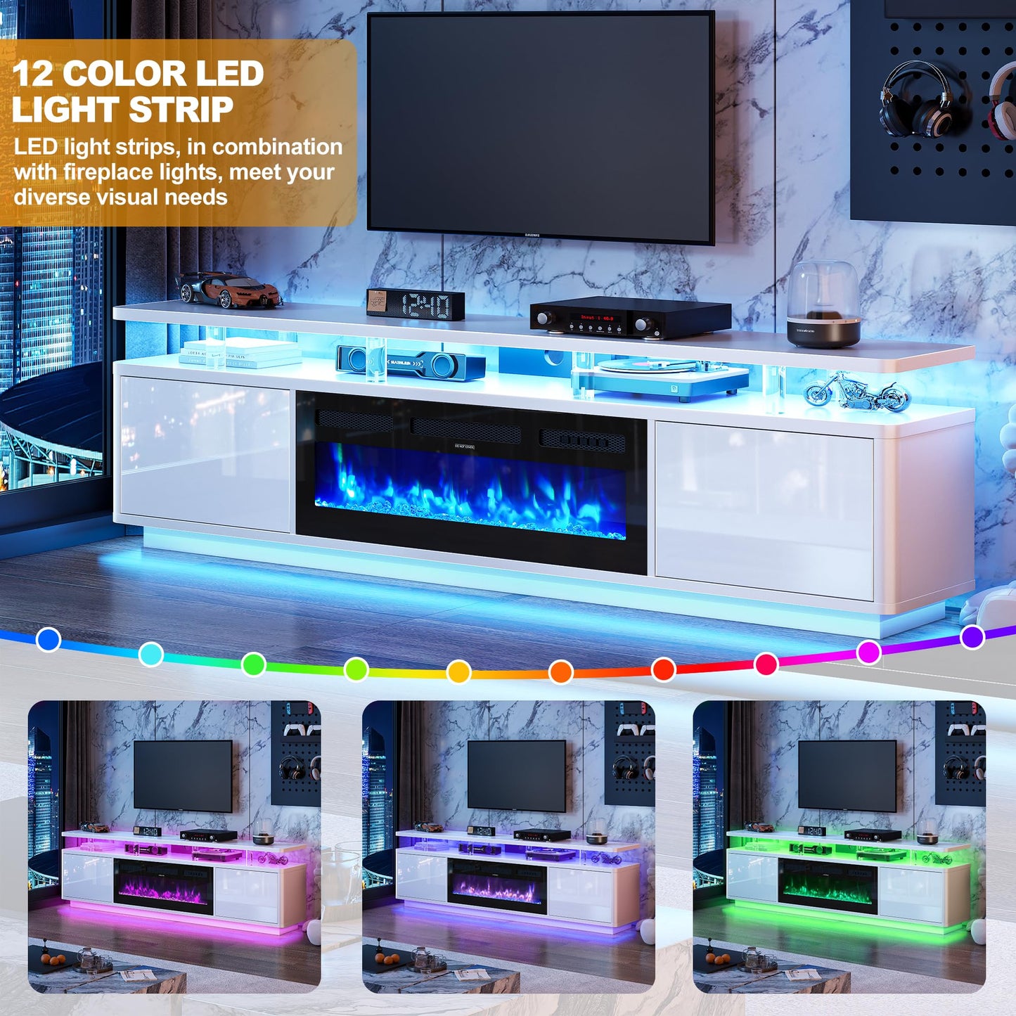 OneBlis 80" Fireplace TV Stand with Double LED Lights for TVs UP to 80", Electric Fireplace Entertainment Center with Storage Cabinets, TV Console for Living Room, Office, White