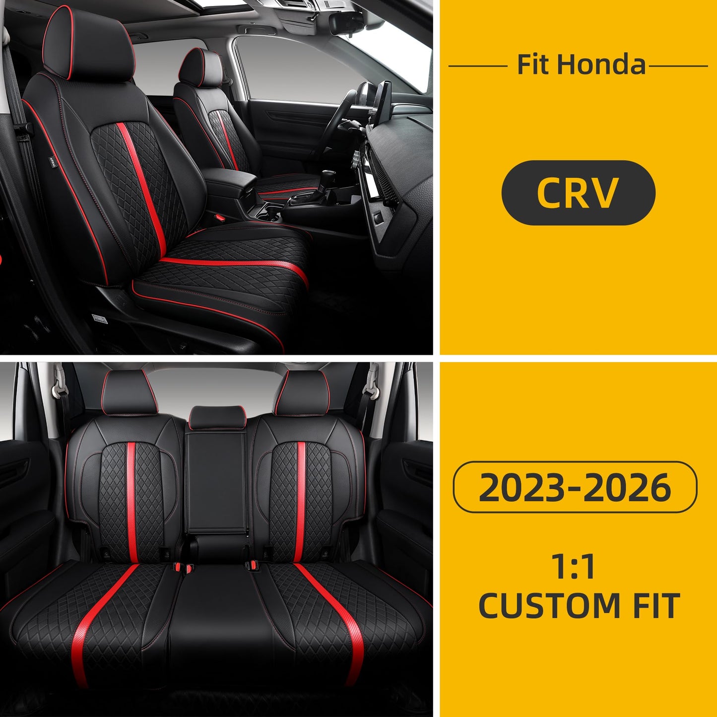 OURPLOT Custom Fit CRV Seat Covers for 2023-2026 Honda CR-V Hybrid & Gas, Waterproof Faux Leather Full Set Car Seat Cover, Fits LX, EX, EX-L, Sport, Touring, TrailSport (Black+Red)