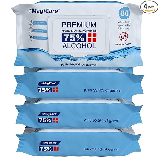 MagiCare 75% Large Alcohol Wipes (4, 80ct Packs, 320ct) - Hand Sanitizer Wipes, Unscented Hand Wipe, Cleaning, Sanitizing Wipe - Travel, Home, Office, Classroom, Car, Camping - Soft Packs