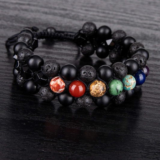 8mm Natural Lava Rock Stone Bracelets for Men, Healing Crystal Essential Oil Diffuser Beads Bracelet Chakra Yoga Energy Anxiety Gemstone Bracelet - 3 Layer