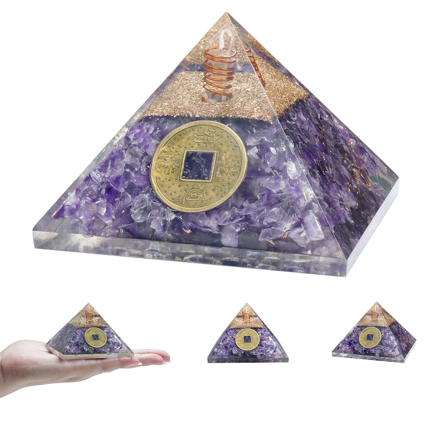 "55mm orgone pyramid Amethyst protection crystals reiki supplies healing stones, organite pyramid for good luck gift for women men gemstone crystal chakra charm orgone generator orgonite collection"