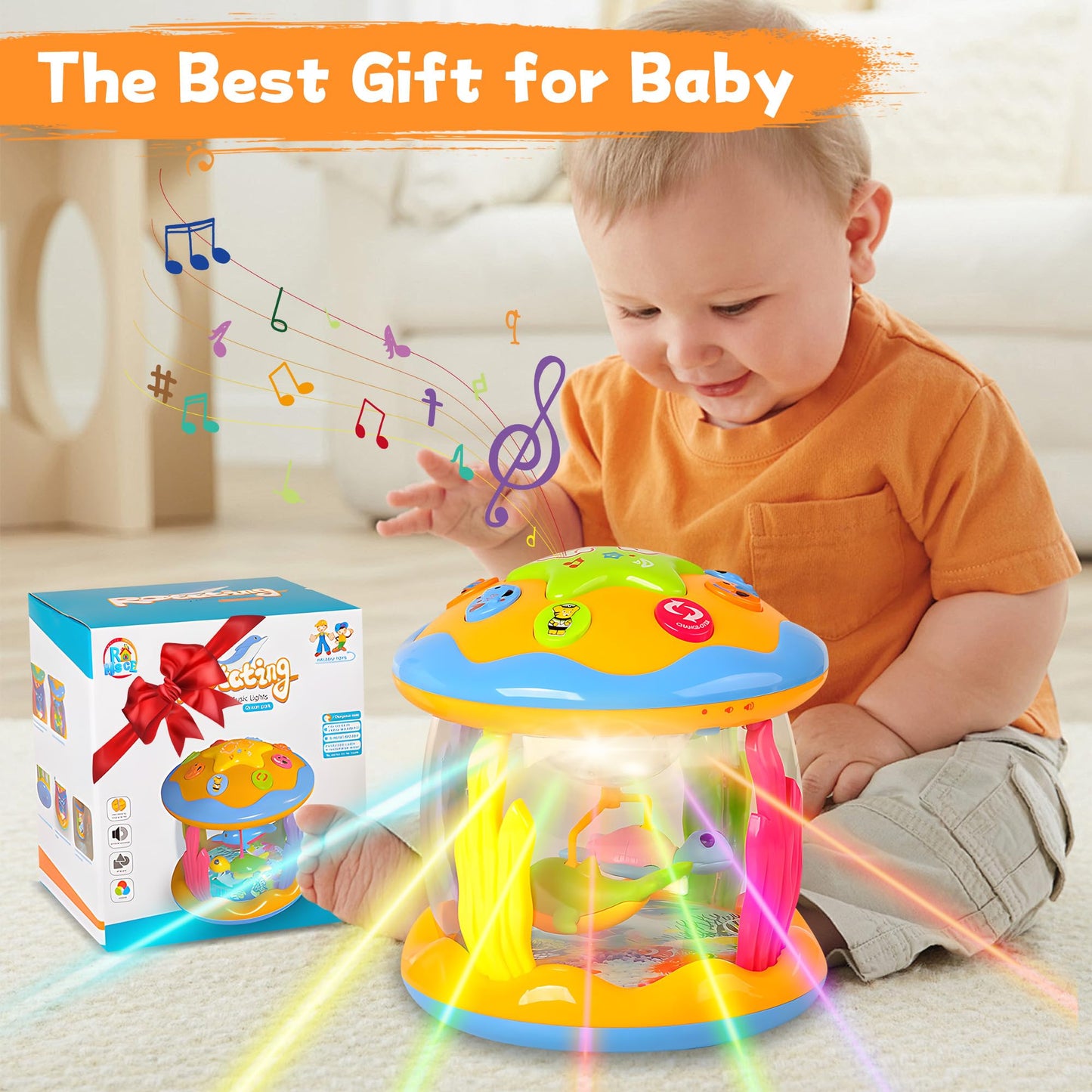 ROHSCE Baby Toys 6 to 12 Months - Musical Rotating Light Up Infant Toys, Early Learning Toys Baby Crawling Drum Toy, Tummy Time Educational Sensory Baby Girl Gifts for Toddlers 1 2 3 Years Old