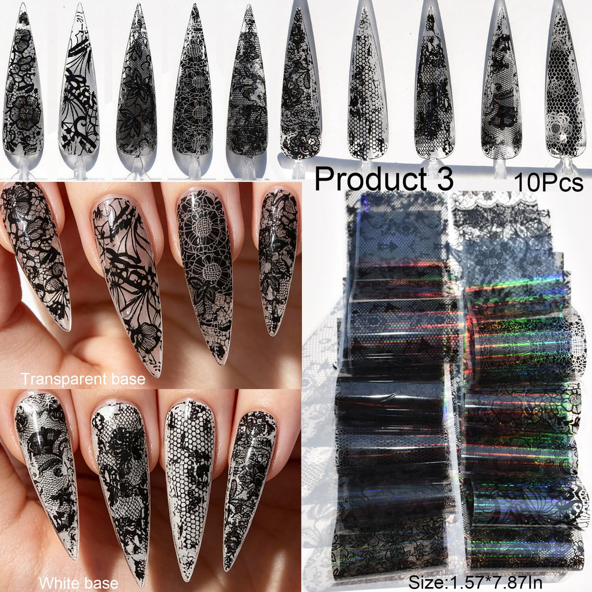 58 Sheets Nail Art Transfer Foil Stickers, 1.57x7.87In Flower Lace Holographic Nail Foil, Iridescent Floral Lace Nail Decals for Women Girls DIY Nail Art Decorations