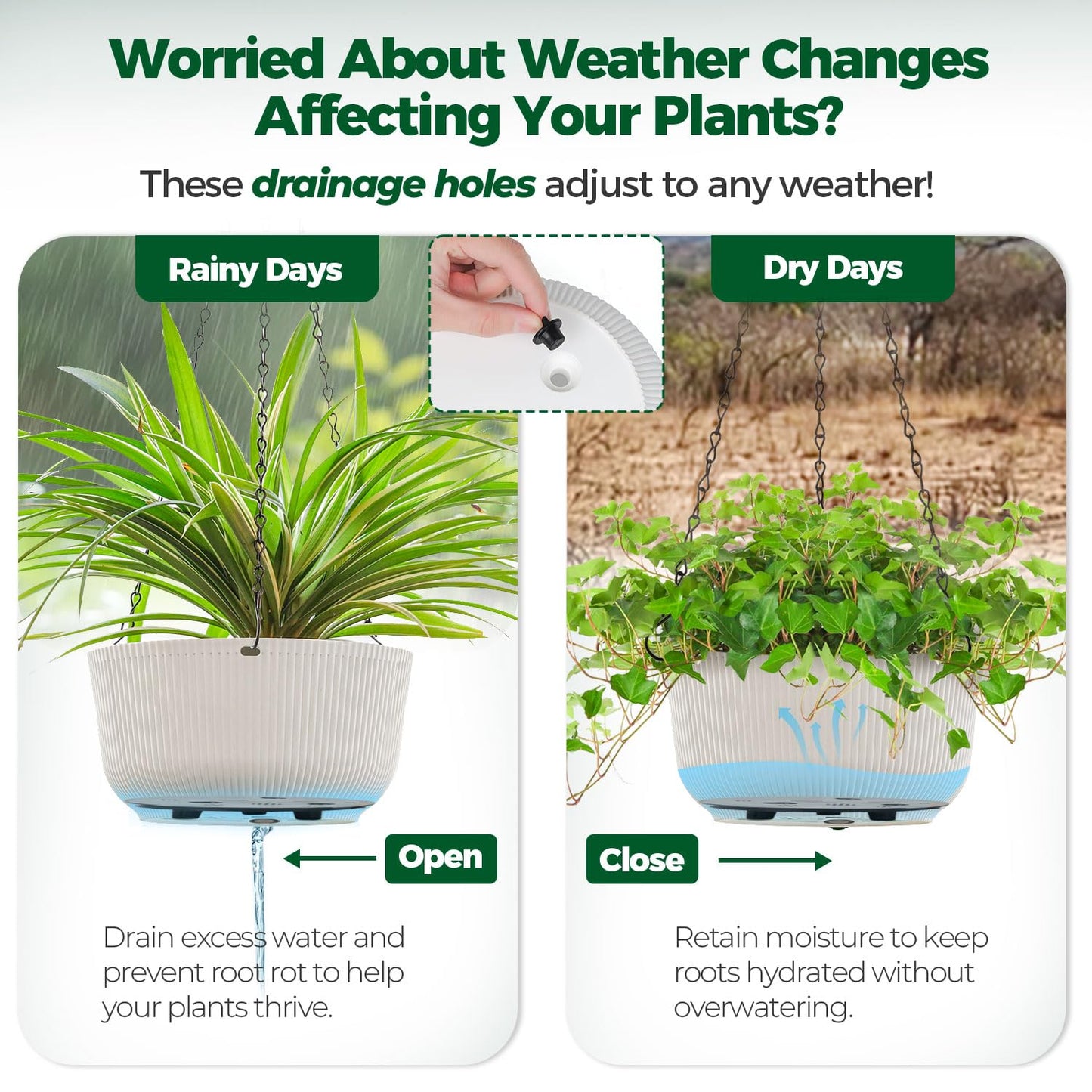 T4U 10 Inch Hanging Planters for Indoor Plants, 2 Pack White Self Watering Hanging Plant Pot, Hanging Pots Set with Drainage Hole & Plug & Chain with 3 Hooks for Garden Home Decor
