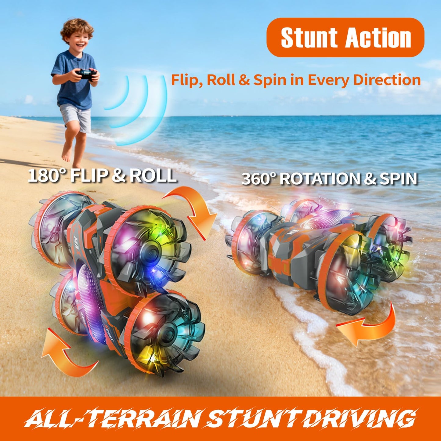 MOMONOVA Amphibious Remote Control Stunt Car with Colorful LED Wheels for Kids 4-7 8-12, 4WD Double-Sided RC Stunt Car, 2.4GHz Remote, 360° Flip, Waterproof Vehicle Toy for Boys Girls Birthday Gift