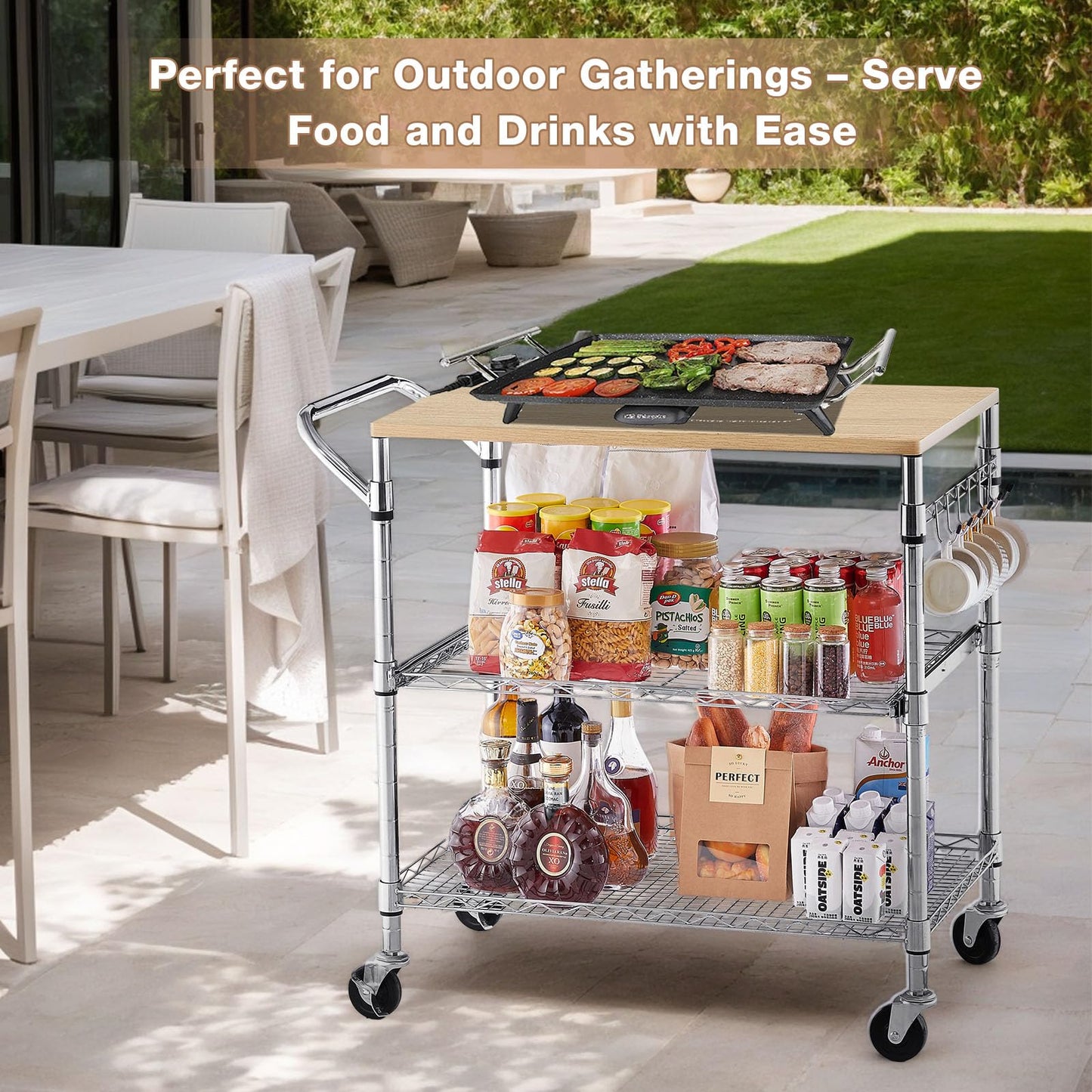 3 Tier Rolling Kitchen Cart with Wood Tabletop, Kitchen Island Carts with Wheels & Slider Shelf, Microwave Cart on Wheels, Coffee Cart with Hooks, 35.4" L*18.1" W*31.9" H，Wood+Chrome
