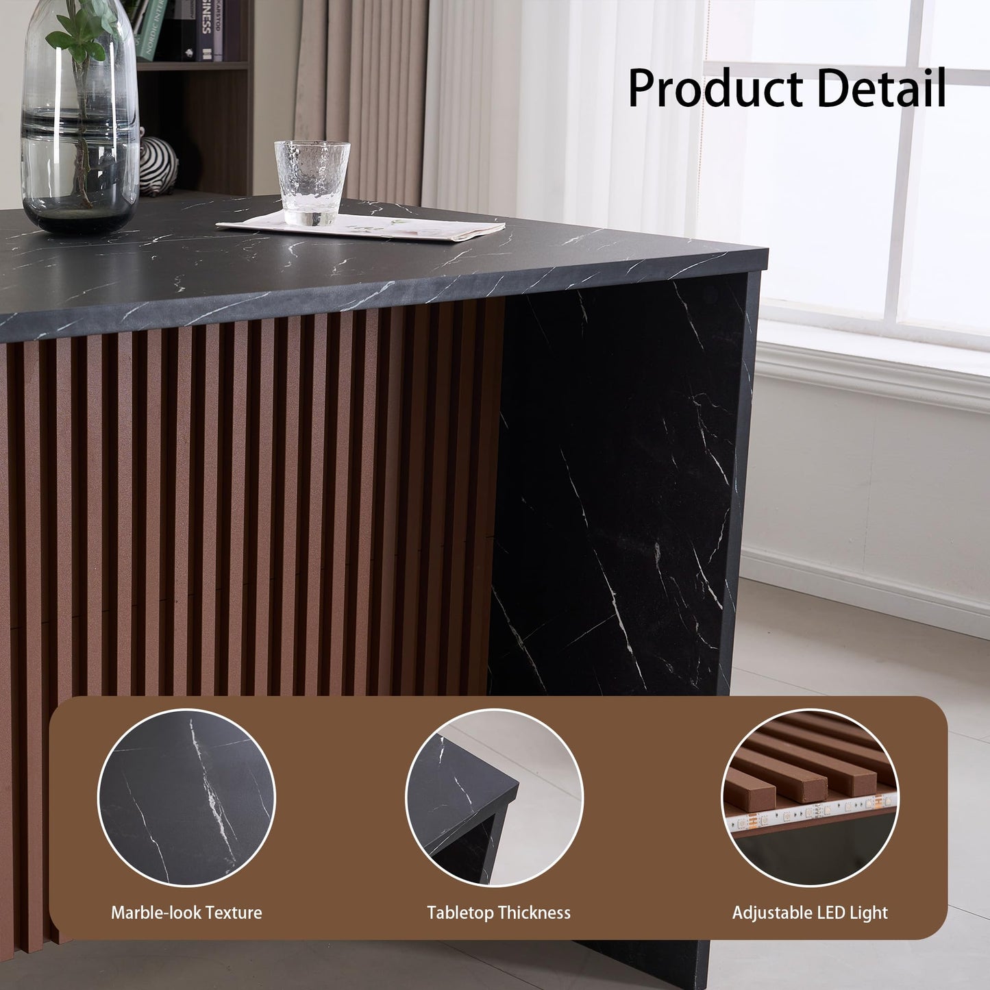 FANCROU 67 Inch Large Imitation Marble Dining Table for 4-6 People, Mordern Marble Stripes Kitchen Dining Table with Grille Design, Island Table with LED Lights for Kitchen Living Room, Black