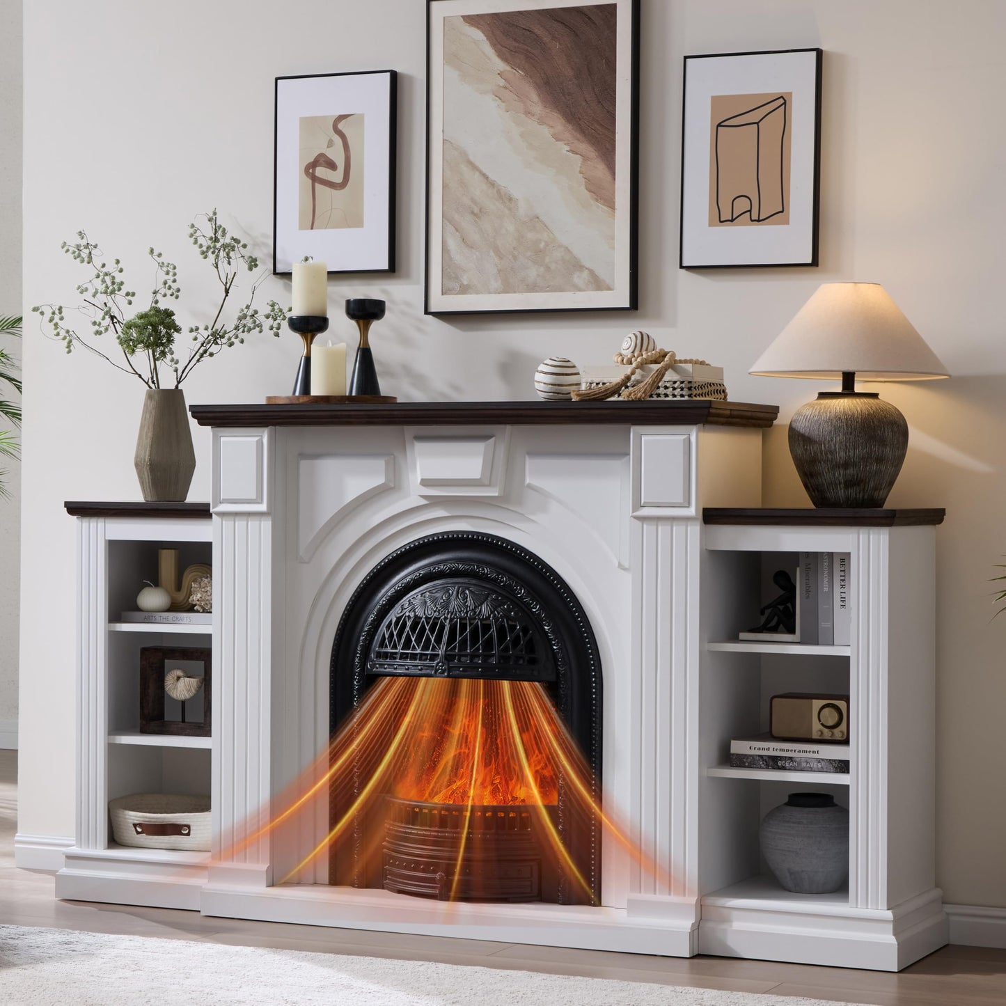 Electric Fireplace with Mantel, 76" Electric Fireplace, Birdcast Fireplaces Entertainment Center TVs Up to 90", Fireplaces TV Stand with 30" Insert Heater with 3D Flame for Living Room, 1400W/750W