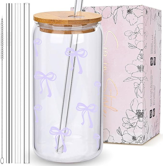 Coquette Cute Lavender Light Purple Bow Glass Cups with Lids and Straws, Aesthetic Iced Coffee Cup Preppy Room Decor, Christmas Valentines Birthday Gifts for Women, Teen Girl Gifts Trendy Stuff