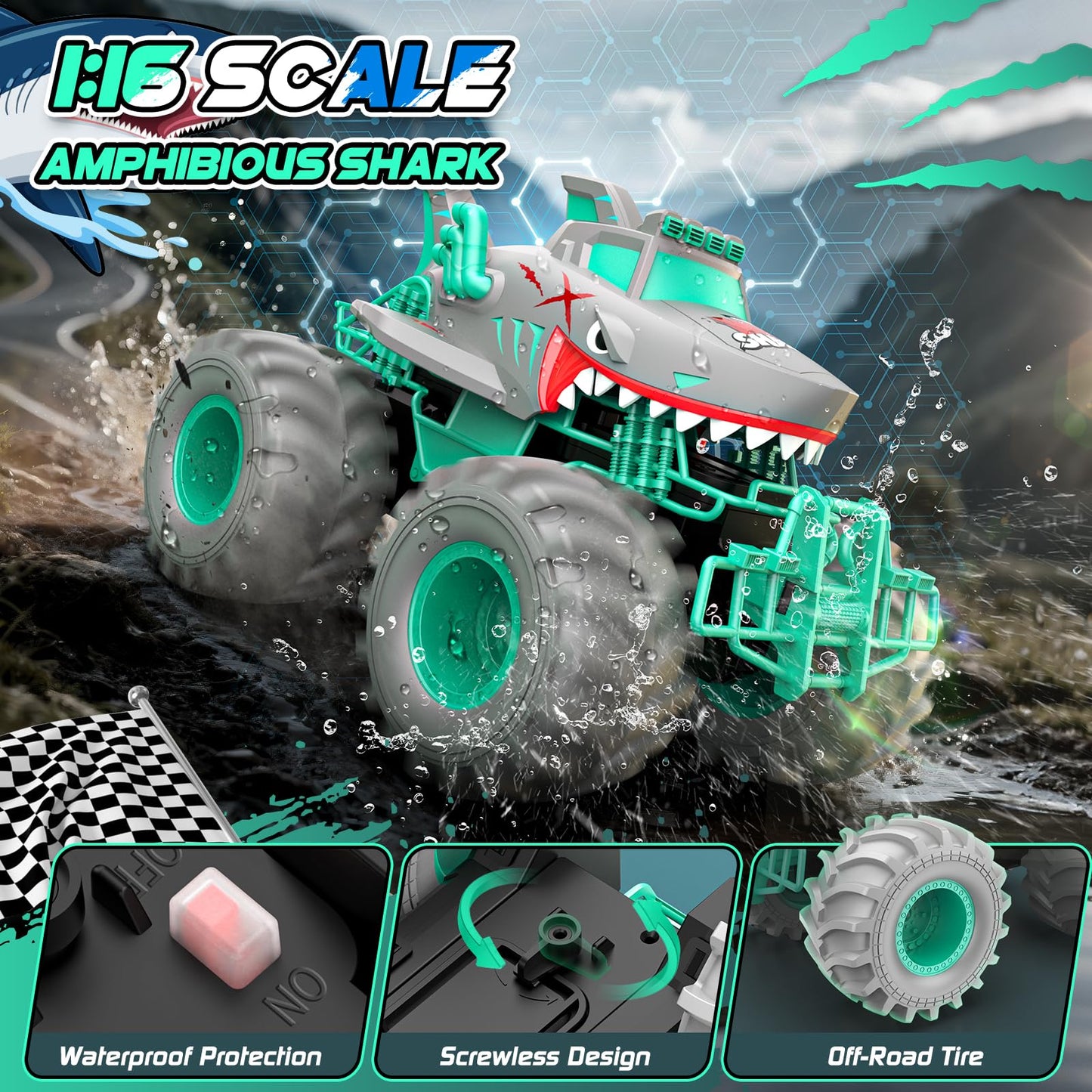 Salazaza Waterproof Shark Remote Control Car, 1:16 Amphibious RC Cars 4WD All Terrain Off Road Monster Trucks Toys, RC Truck Toys for Kids 3-5 6-8 8-12 Year Old Boy Birthday Gift, Gray