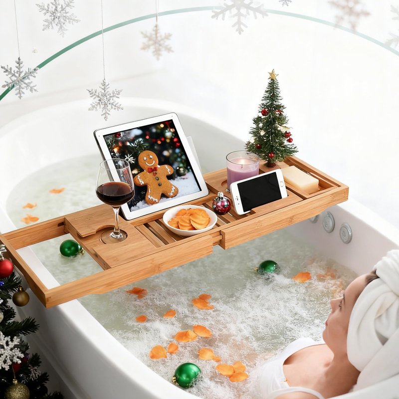 Utoplike Bamboo Bathtub Caddy Tray Bath Tray for Tub, Adjustable Bathroom Bathtub Organizer with Book Tablet Wine Glass Cup Towel Holder