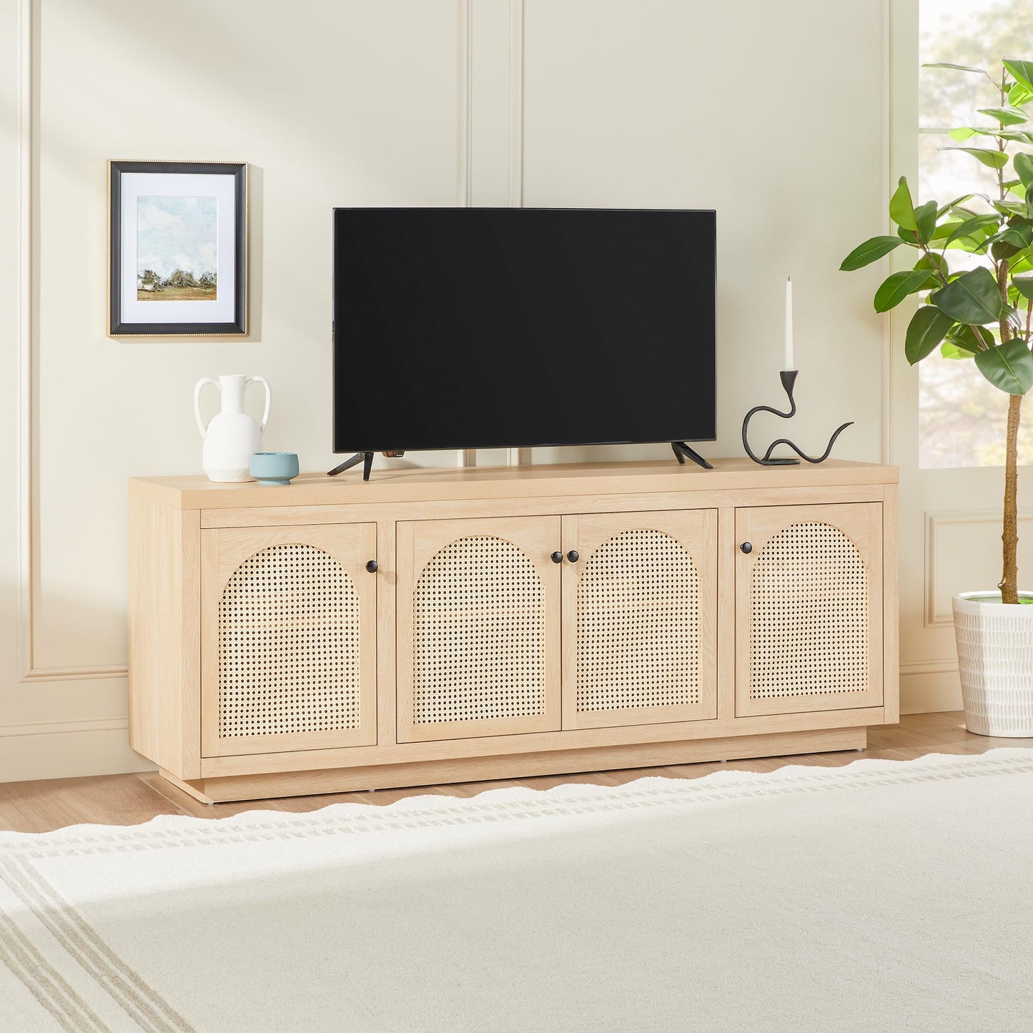 Walker Edison Sasha 4-Door Sideboard Buffet with Arched Rattan Panels, 70 Inch, Coastal Oak