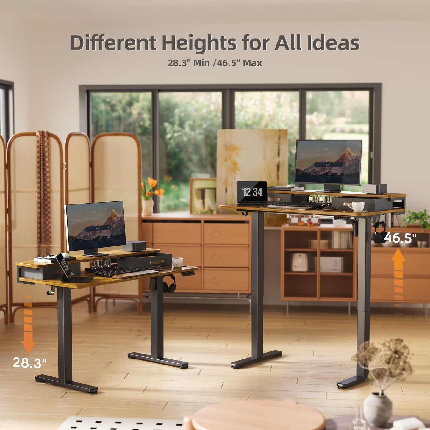 Seang Electric Standing Desk with 2 Drawers, Adjustable Standing Desk with Storage Shelf, Height Adjustable Stand up Desk for Home Office with 3 Presets & 2 Hooks, 55 Inch, Rustic Brown