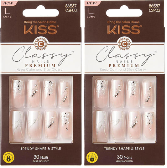 KISS Classy Premium Press On Nails, 'Stunning!', French, Long Length, Square Shape, Includes 30 Fake Nails, 2g Pink Gel Nail Glue, 1 Manicure Stick, 1 Mini File (Pack of 2)