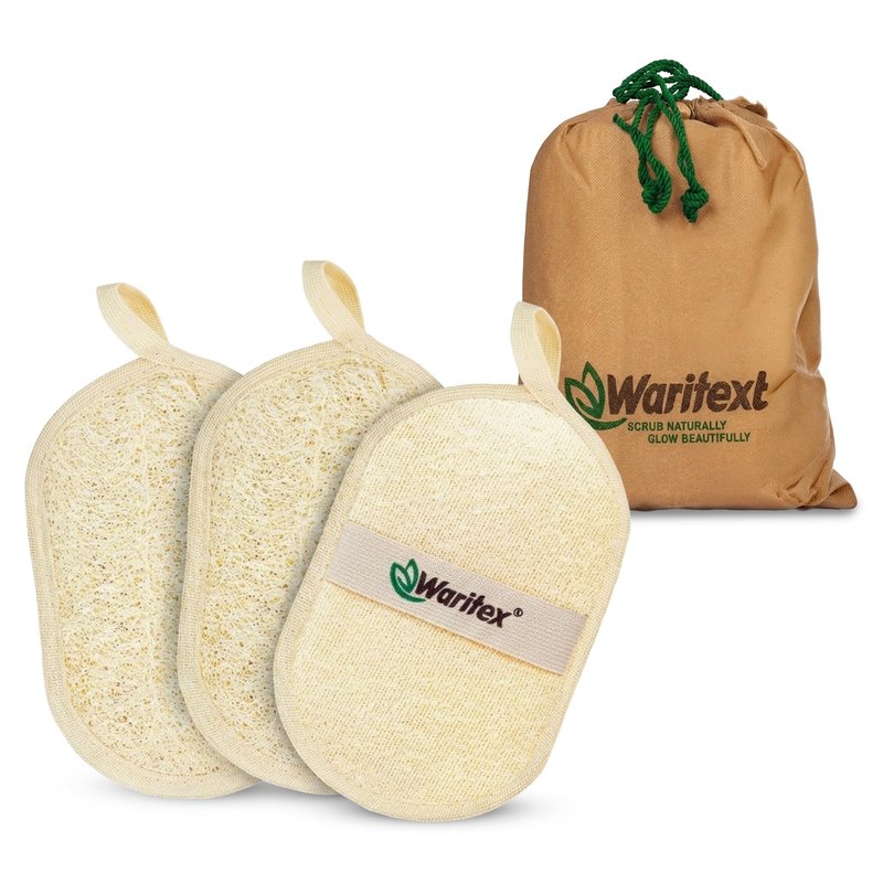 Waritex Egyptian Loofah Oval Exfoliating Body Scrubbers [3 Pack] - Loofah Shower Pads with Hand Strap for Gentle Skin Exfoliation, Smooth & Refreshing Skin, Face and Body
