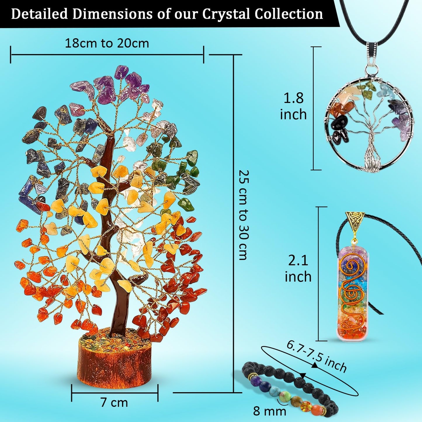 7 Chakra Healing Crystal Gift Set - Premium 300-Bead Gemstone Money Tree, Protection Bracelet & 2 Pendant Necklaces - Complete Feng Shui Meditation Kit for Home Decor, Good Luck & Spiritual Healing
