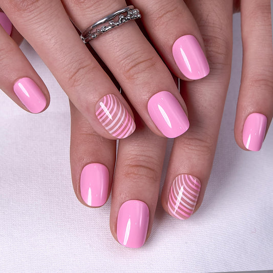 CurvLife Soft Gel Press On Nails Extra Short - 30pcs Full Cover False Pink Ripple Nail Tips Designs, Fake Nail with Nail Glue - Easy Application Nail Accessories for Women
