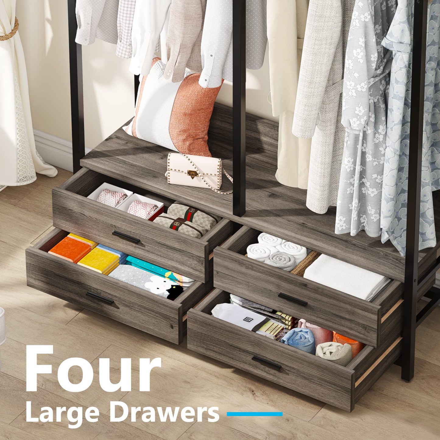 LITTLE TREE Clothes Rack, Heavy Duty Garment Rack with 4 Drawers, 8 Hooks and Storage Shelves, Wardrobe Closet Storage Rack for Bedroom, Living Room, Grey