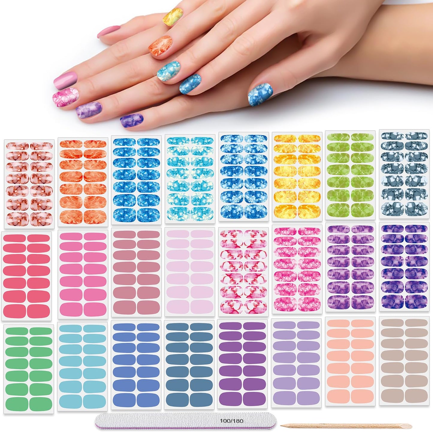 DANNEASY 24 Sheets Nail Polish Strips for Women Girl - Light Color&Rainbow, Nail Polish Stickers Full Nail Wraps Gel Nail Strips Self Adhesive Manicure Design Sticker Nails with File, Cuticle Stick