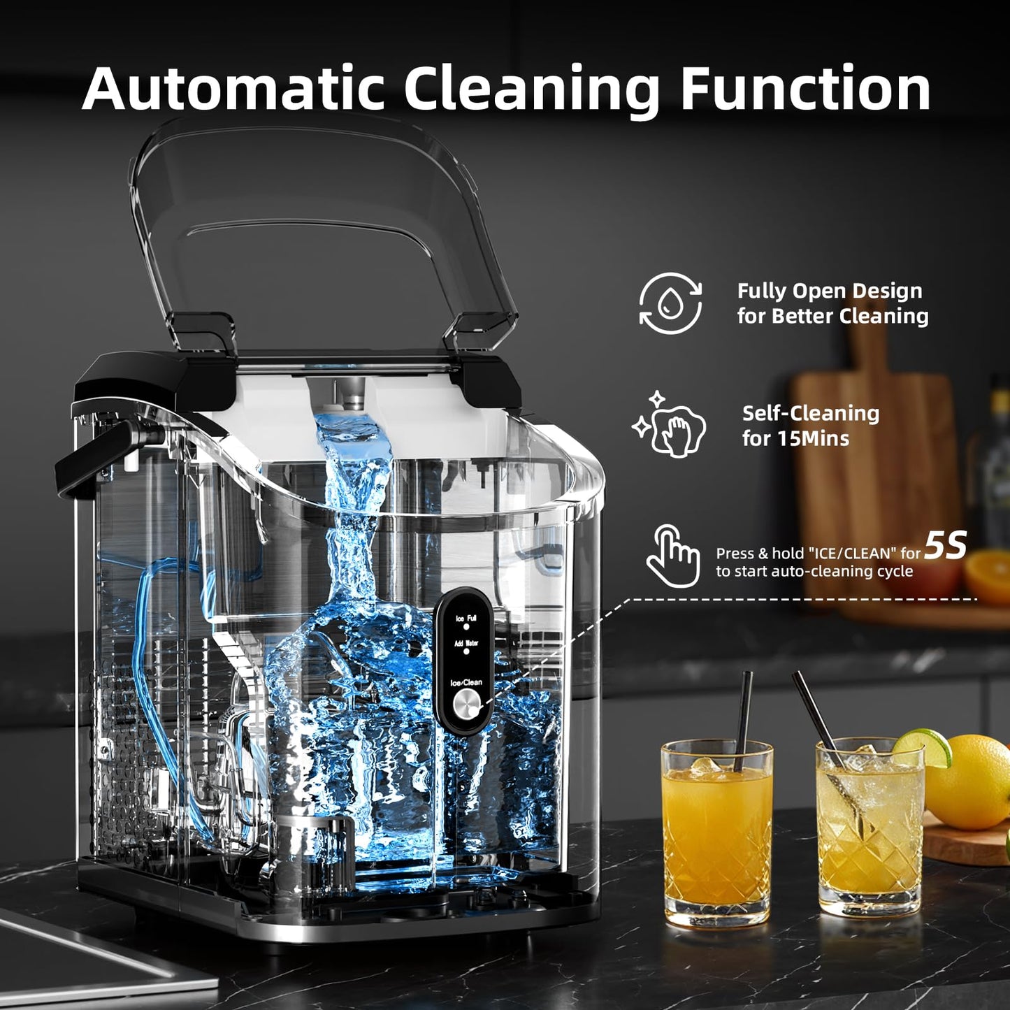 Antarctic Star Nugget Ice Maker Countertop, 34Lbs/24H, Soft Chewable Ice, Self-Cleaning, Portable Ice Machine, Fast Making in 8 Mins, Ice Basket & Scoop, Stainless Steel Black