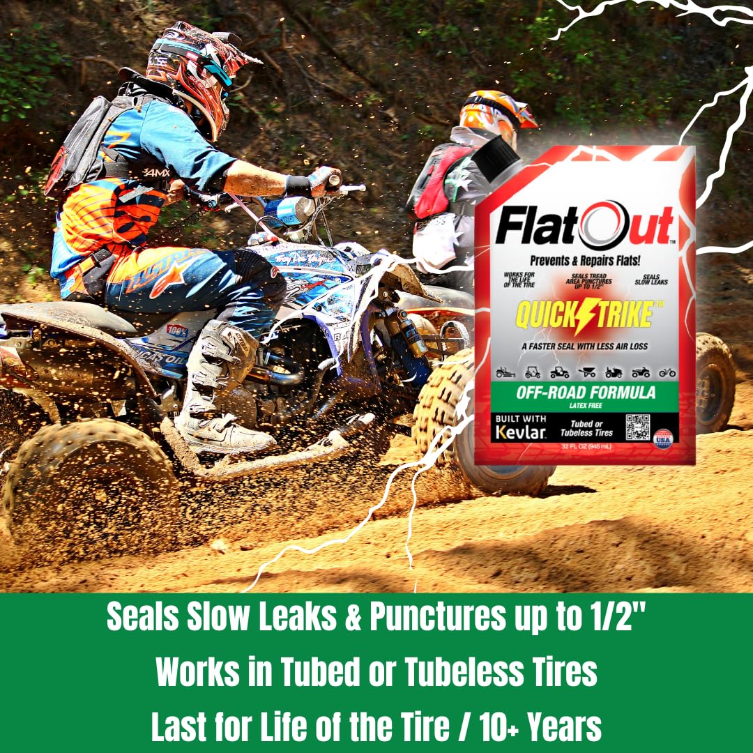 FlatOut QuickStrike Tire Sealant - Off-Road Formula - Prevents Flat Tires - Seals Leaks - Contains Kevlar - Tubeless Tire Sealant - 32-Ounce Bag - Pack of 4