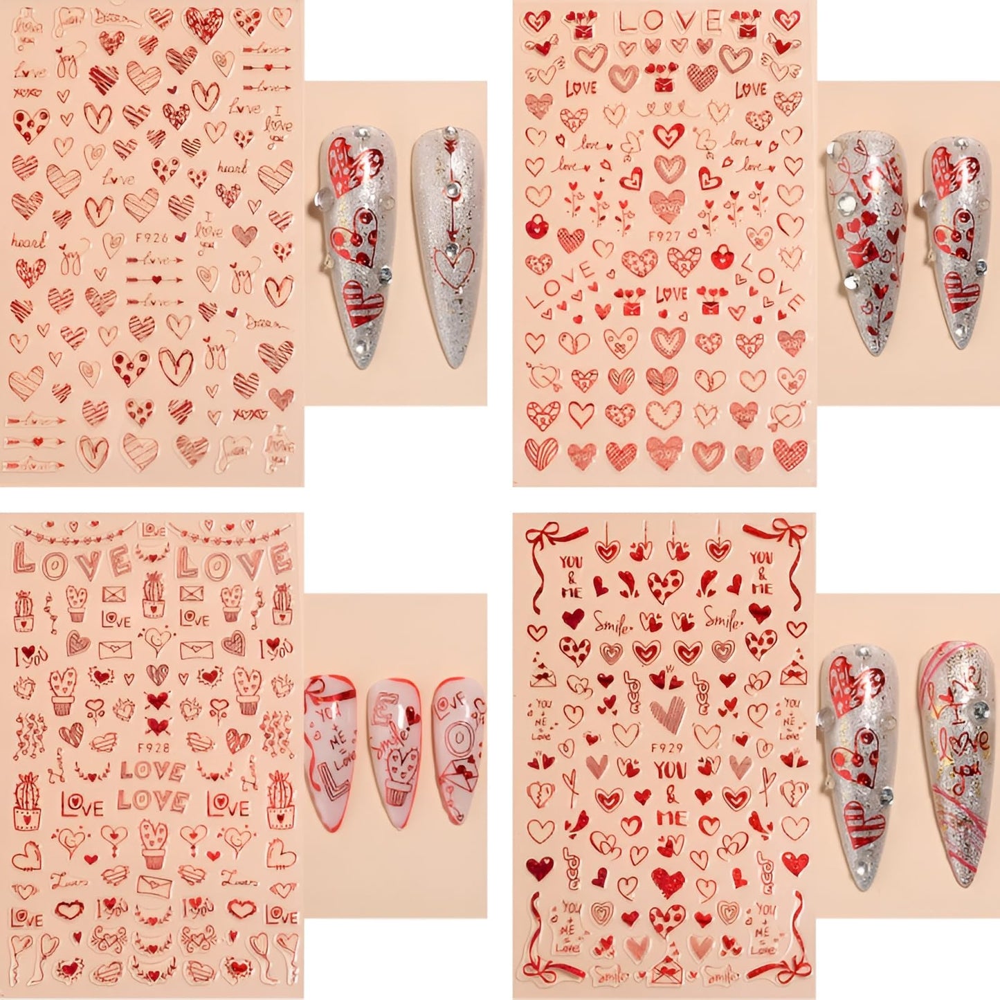 8 Sheets Red Heart Nail Art Stickers Valentine's Day Nail Decals 3D Self-Adhesive Pegatinas Uñas Red Heart Love Nail Supplies Nail Art Design Decoration Accessories for Women