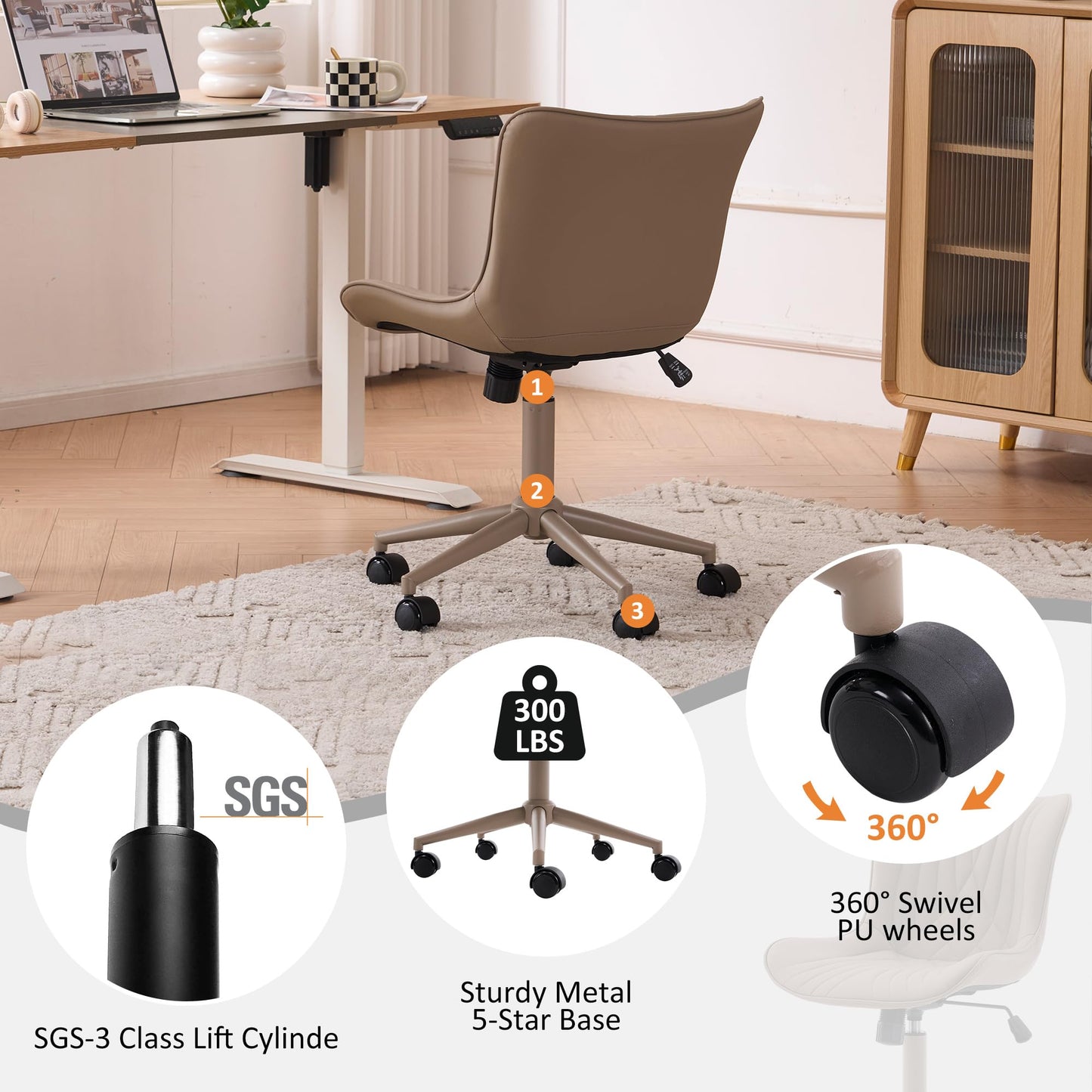 YOUTASTE All Khaki Office Chair, Modern Armless Desk Chair with Back, Adjustable Swivel Rolling Faux Leather Task Chair with Wheels Metal Base for Home Office, Study, or Vanity